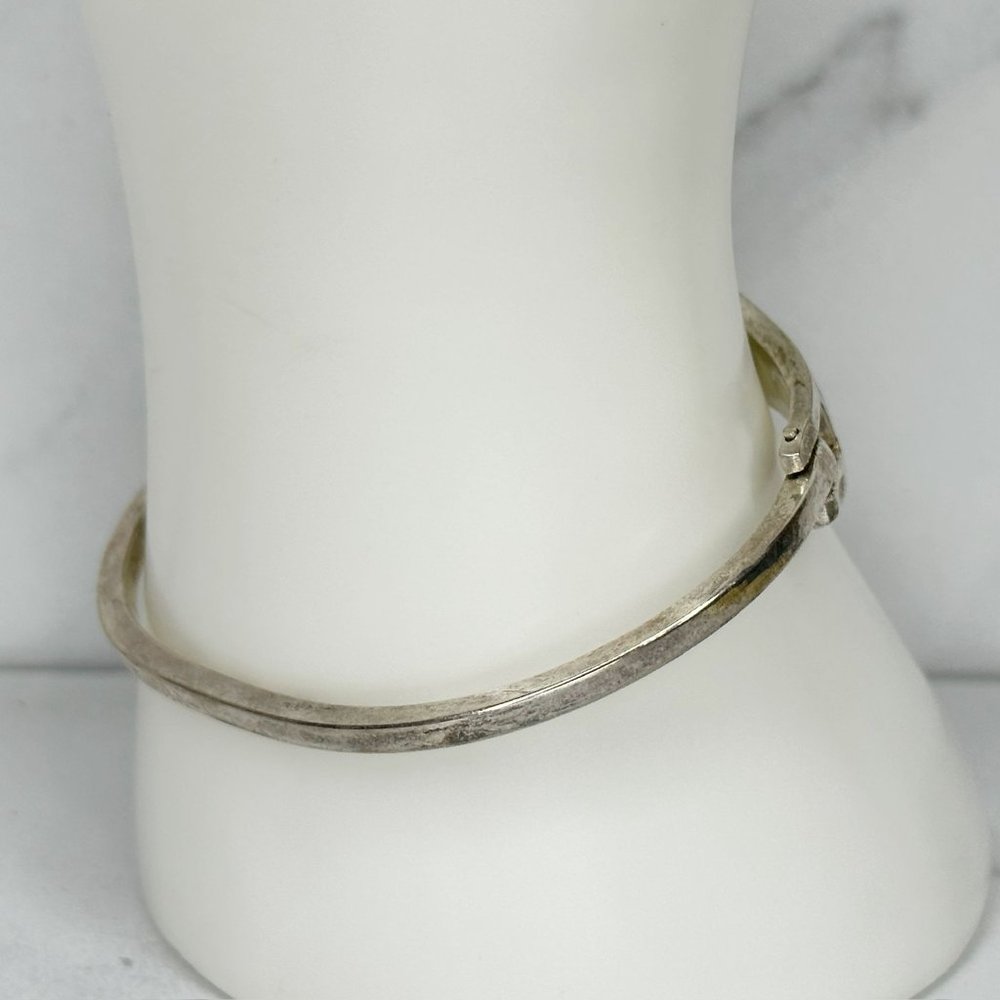 Vintage Mexico Silver Tone Abalone Shell Flower Inlay Hinge Bangle Bracelet - Picture 10 of 11